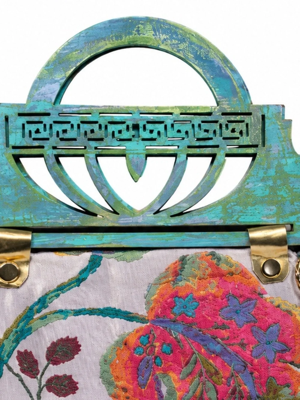 Alado Wooden Handle Tapestry Handbag Floral Art Deco Boho Statement Purse